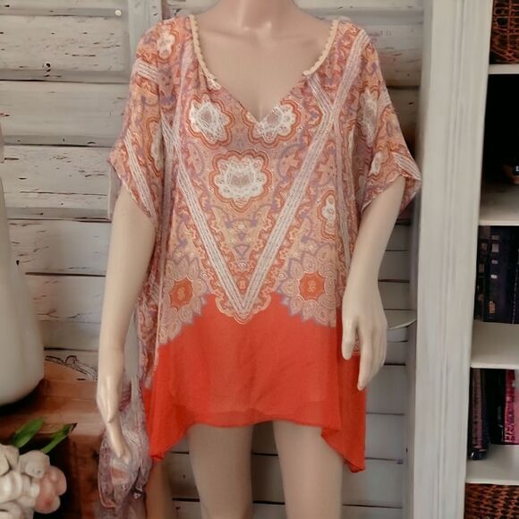 Maeve Anthropologie Silk Blouse L Nalina Handkerchief Kimono Flowy Bohemian Rust - Picture 12 of 16